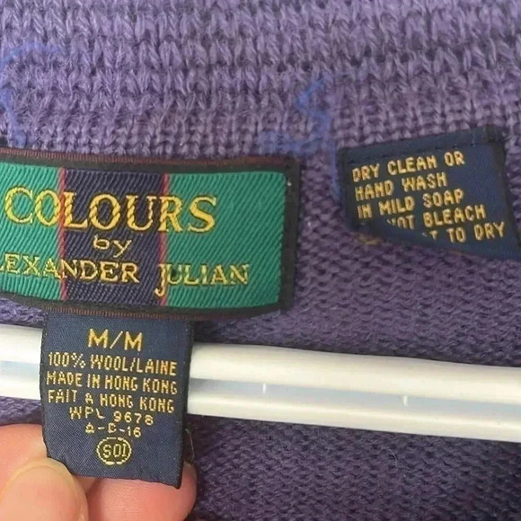 [M]Vintage Colours by Alexander Julian Purple V Neck Wool  Ribbed Sweater - Picture 4 of 6